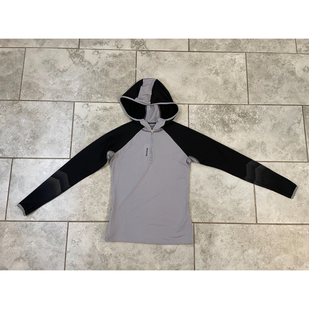 "REEBOK Womens Size XS Black Grey Element Thermal Half Zip Running Top Hooded"